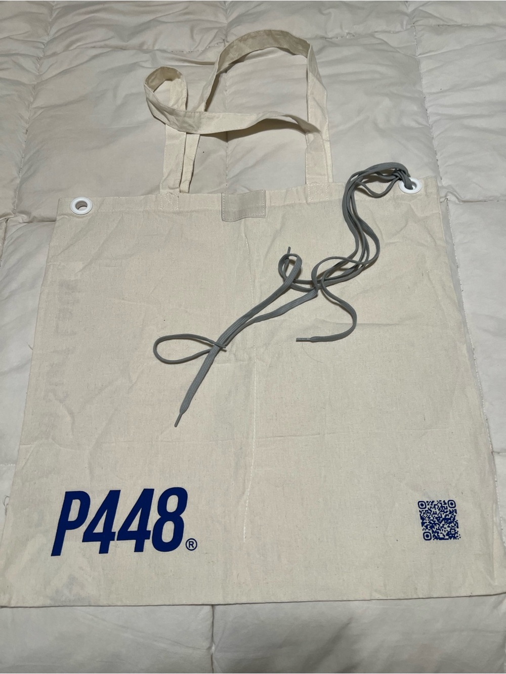 P448 Natural Canvas Tote with Navy Logo and Gray Drawcord